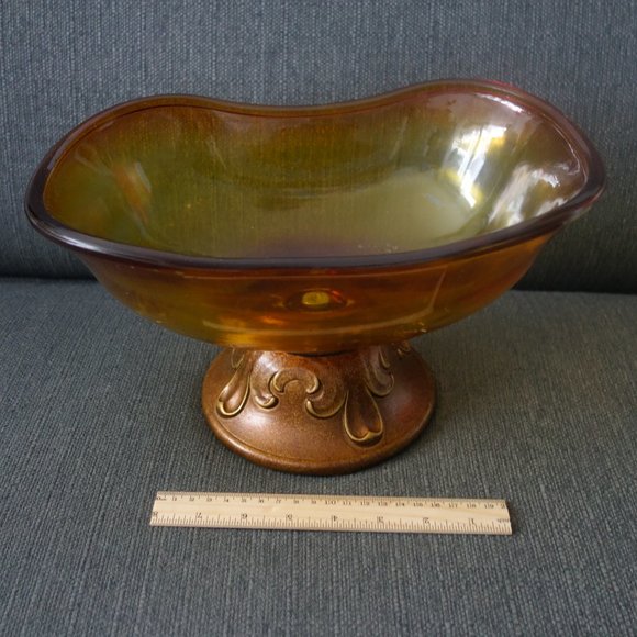 Amber Colored Glass Pedestal Bowl with Metal Base - Picture 5 of 13